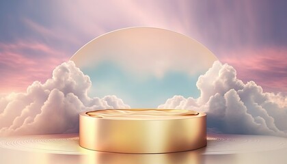 luxury golden podium product showcase stage or stand background platform above sky with clouds around