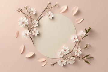 Spring cherry blossom flat lay design with blank copy space. Empty scene with sakura branch. Generative ai - obrazy, fototapety, plakaty