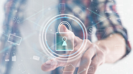 closeup concept of a male businessman standing pointing up a finger, wearing black suit, shirt and tie, representing interaction in technology within business industry, with grey flat background
