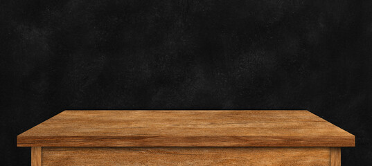 Wood table and black wall background