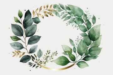 watercolor green leaves wreath with gold circle. Generative Ai