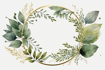 watercolor green leaves wreath with gold circle. Generative Ai