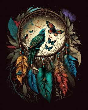 Illustration of a dreamcatcher with a natural scene featuring a bird and a butterfly painted on the cradle. Generative AI