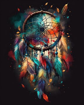 Abstract illustration of a colorful dreamcatcher. Generative AI
