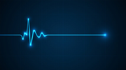 Plakat Emergency ekg monitoring. Blue glowing neon heart pulse. Heart beat. Electrocardiogram