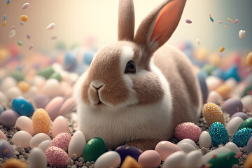 Easter bunny, bunnies, cute, adorable, chubby, Easter egg, eggs, design, abstract, illustration, loving, flowers, white, brown, grey rabbit, rabbits