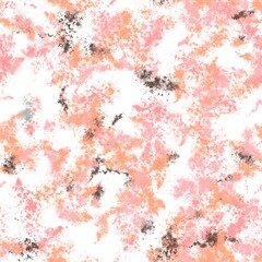 Paint splashes with dotted texture. Orange, pink, brown and blue colors on the white background. Seamless pattern
