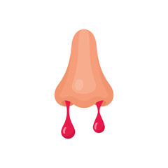 Blood with the nose. Drops of blood flow from the nose of a man. Symptoms of an unhealthy person. Signs of illness. Vector illustration flat design. Isolated on white background.