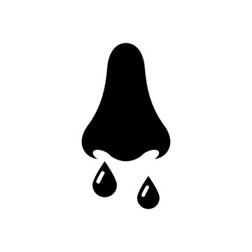 Blood with the nose black icon. Drops of blood flow from the nose of a man. Symptoms of an unhealthy person. Signs of illness. Vector illustration flat design. Isolated on white background.