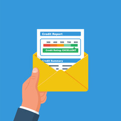 Credit report. A man holds an envelope with a credit report document. Personal financial history. Vector illustration flat design. Isolated on white background.