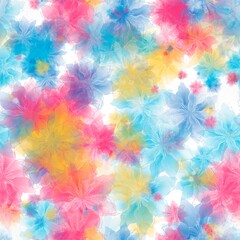Blue, yellow and red transparent flowers on the white background. Seamless pattern. Pattern for wrapping, textile, print