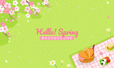 Hello! Spring background vector illustration. Picnic under Cherry blossoms trees