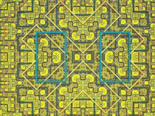 Abstract multicolored background with geometrical pattern, carpet imitation.Yellow, orange and blue colors. 3d illustration, 3d rendering