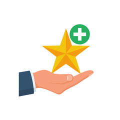 Value-added icon. A star with a plus sign above the hand. Vector illustration flat design. Isolated on white background. - obrazy, fototapety, plakaty