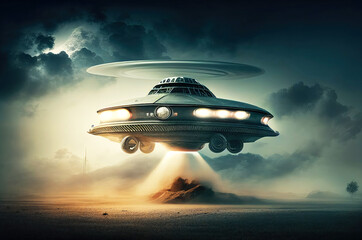 Extraterrestrial UFO Flying Saucer hovering above the car and the road, generative ai illustration