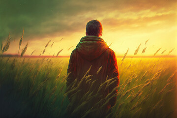 Person standing in a field of tall grass, evoking peacefulness and harmony. Realistic style, warm colors. Generative AI