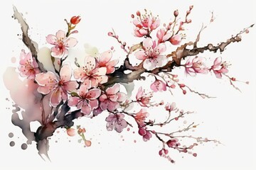 Watercolor Sakura on white background. Generative Ai