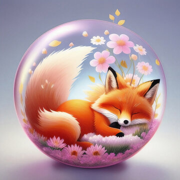Cute little fox sleeping in a bubble with flowers, animal dream concept, ai generated