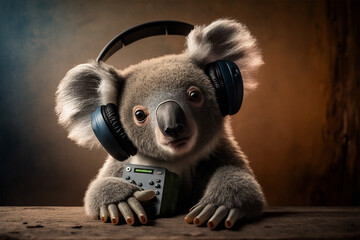 Obraz premium Curious fluffy koala wearing headphones and listening podcast about healthy eating. Generative AI