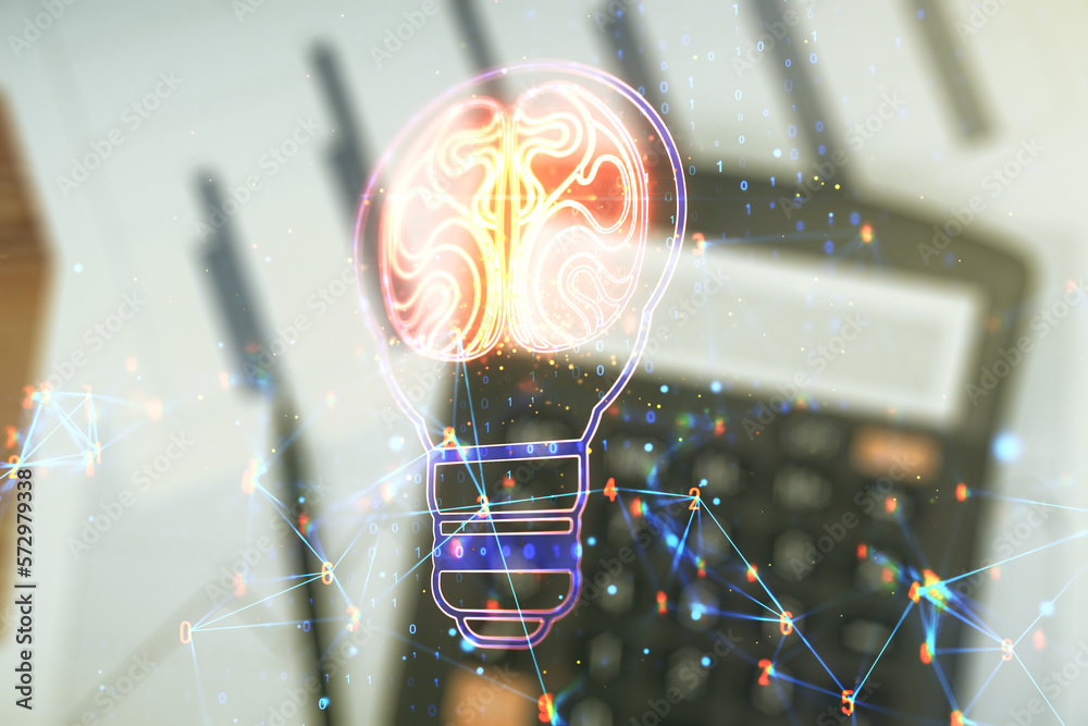 Poster abstract virtual creative light bulb with human brain hologram on calculator and papers background, 
