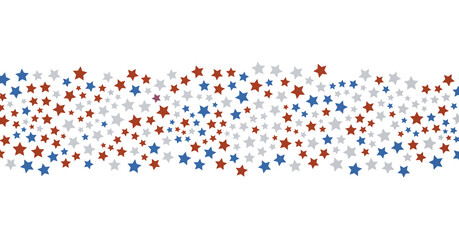 Red white blue shiny confetti stars on white background, isolate, tricolor concept,