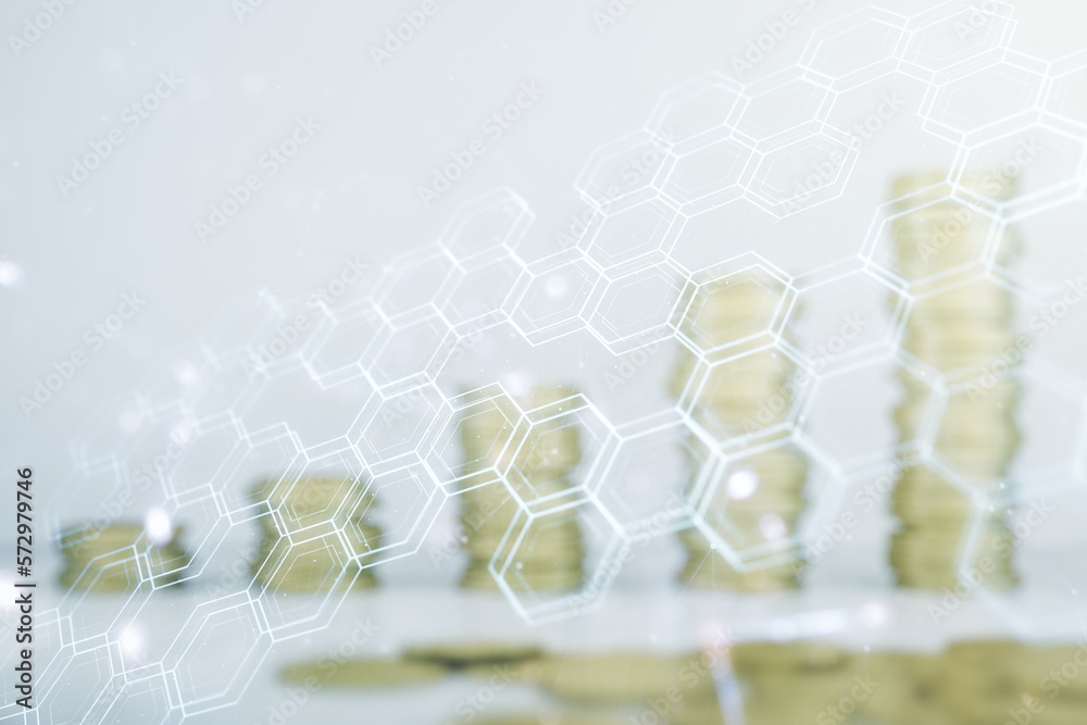 Aufkleber Abstract virtual wireless technology hologram with hexagon on coins background, artificial intelligence and machine learning concept. Multi exposure