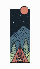 mono line of camping mountain outdoor wildlife for t-shirt, sticker, and badge design vector