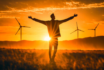 Person standing in front of a sunset and wind turbines, arms outstretched and look of joy. Warm colors, realistic style. Enjoy the renewable energy. Generative AI