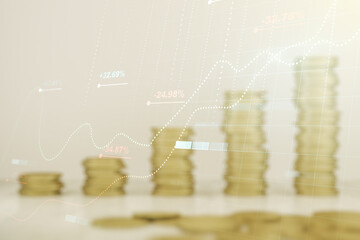 Multi exposure of abstract statistics data hologram interface on growing coins stacks background, computing and analytics concept