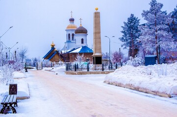 Orenburg, Russia: Domes of the Christian Orthodox Vvedenskaya Church in winter. The Vvedenskaya Church stands on the high bank of the Urals. The Ural River is the natural border between Europe and Asi