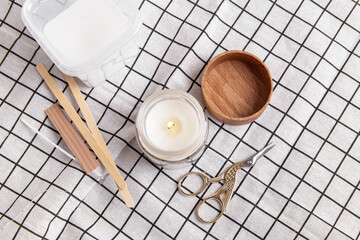 Soy wax candle in glass cup, soy or coconut wax, scissors and wicks. Candle making kit