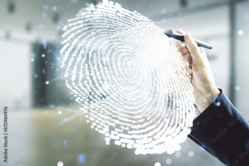 Leinwandbilder multi exposure of programmer's hand with pen working with virtual abstract fingerprint illustration 