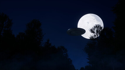 3d-render. UFO in the sky by the moon at night over the forest