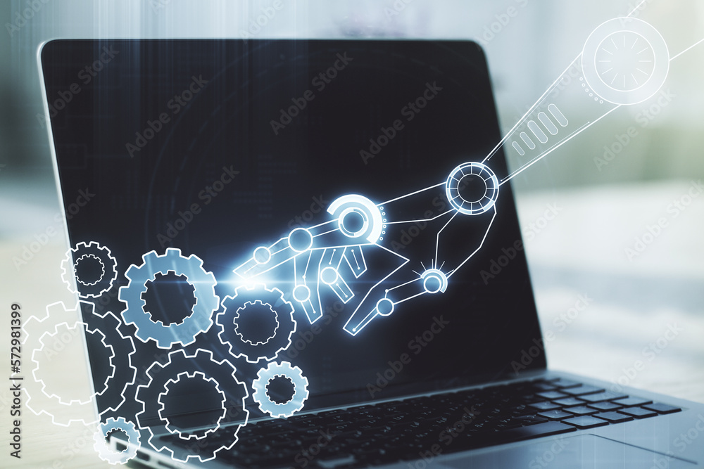 Poster creative abstract robotics technology hologram on modern computer background, artificial intelligenc