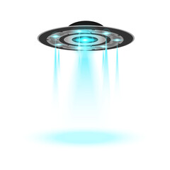 Futuristic alien UFO spaceship with blue light. Futuristic sci-fi spotlight from spaceship isolated on black effect. Flying saucers and spotlights abduct Vector illustration. © pichet
