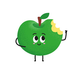 Apple with a bite. Cute green apple cartoon character vector illustration for kids. Healthy and happy fruit character with smiley face. Ideal for children gastronomy books. Waving apple.