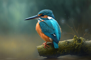 Beautiful and Serene Kingfisher Perched on a Branch in its Natural Habitat: Captivating and Peaceful Wildlife Photography for Nature Lovers and Birdwatchers, Generative AI