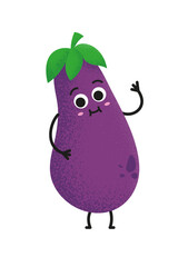 Cute eggplant character vector illustration. Flat eggplant cartoon character waving. Minimal purple eggplant fruit design for children books.