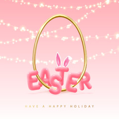 Happy Easter typography background with golden easter egg metal silhouette and 3D text. Greeting card or poster. Vector illustration