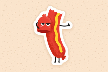 Cute sausage cartoon character holding his head. Eat sausage with mustard vector illustration. Annoyed frankfurter lost his head. Creative character design. Happy bbq party illustration on a pattern