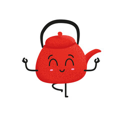 Cute red porcelain teapot standing on one leg. Yoga exercise and balance practice. Funny cartoon character vector illustration.