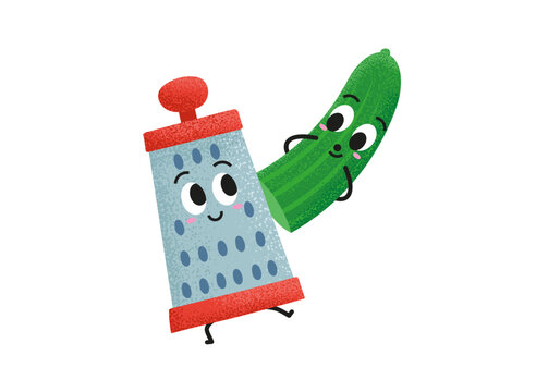Cute cucumber and happy grater vector illustration from the kitchen. Best friends forever. Grate a green cucumber in kawaii style. Creating a salad with a smiley grater friend.