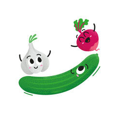 Cute garlic, radish and cucumber play together. Happy three cartoon friends jump and laugh with each other. Best for children colouring book. Healthy, colourful vegetables jump.