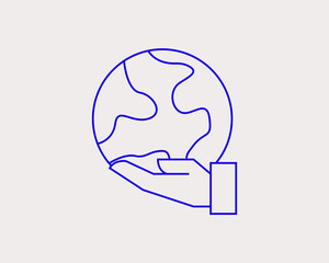 Concept of the world in the palm of your hand in a flat style. Ecology thin line icon. Green Energy editable stroke icon.  Vector illustration