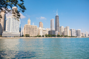 Fototapeta na wymiar Chicago skyline on a sunny day in August, taken across Lake Michigan