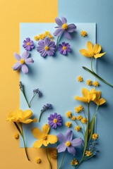 Top view of colorful flowers on yellow background with copy space. Spring motives.