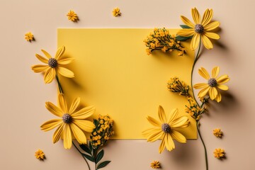 Top view of yellow flowers on yellow background with copy space. Spring motives.