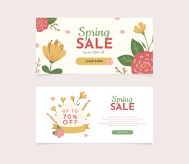 Naklejka premium spring sale horizontal vector banner. hand-drawn