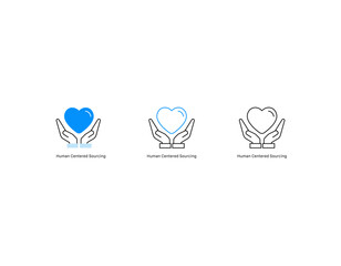 Hands holding heart professional line icon. Human centric. Made with love. Customer focused.