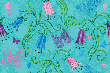 Vector blue floral seamless valentine pattern with hearts and flowers and butterflies